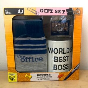 The Office pair of crew socks, keychain, and 12 oz mug gift set